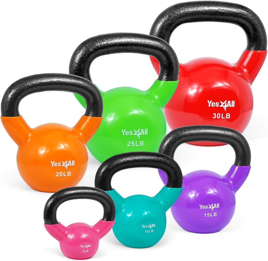 Yes4All Kettlebell, Vinyl Coated Kettlebell Cast Iron Sets with Stable Flat Bottom for Full Body Workout, Push up, Grip Strength Training & Weights Exercises (Multicolor)
