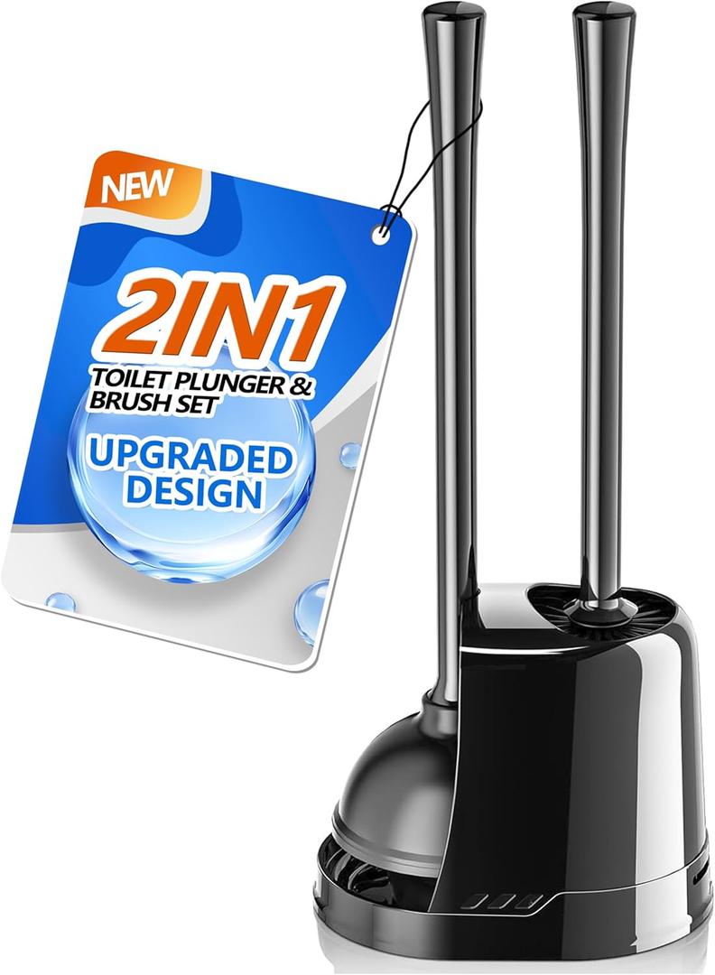LOVLOY Toilet Plunger and Brush, Bowl Brush and Heavy Duty Toilet Plunger Set with Ventilated Holder, 2-in-1 Toilet Brush and Plunger Combo for 5.3-inch Toilet Drain Bathroom Cleaning (Black)