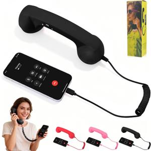 Retro Phone Handset, 2026 New Retro Style Type-C Phone Handset, Vintage Wired Plug in Handheld Cell Phone Receiver with Microphone, Suitable for Cell Mobile Video Conferences, Calls, Meetings (Black)