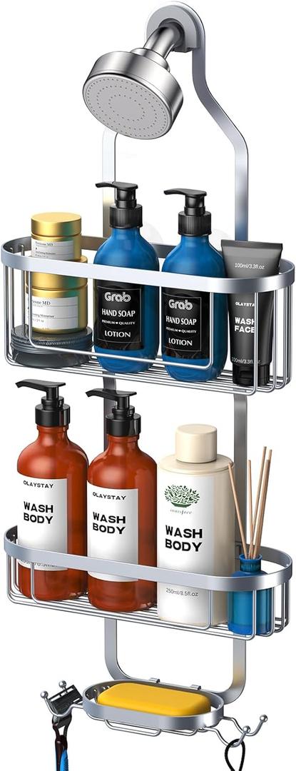Bathroom Hanging Shower Organizer, Over Head Shower Caddy Shower Storage Rack Basket with Hooks for Razor and Sponge Rustproof, Silver [Patented]