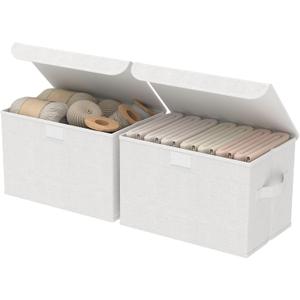 Fabric Storage Bin with Lid, Closet Boxes with Cover, Collapsible Stackable Organizer Basket with 2 Handles, for Home and Bedroom, 2 Pack, White, 10.2 x 7.9 x 6.7 In, XSNY12WS-2