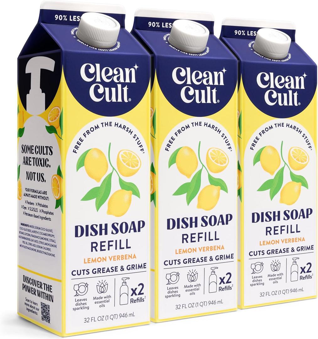 Cleancult Dish Soap Liquid Refills - Plant Based Cleaning Power - Cuts Grease & Grime - Free of Harsh Chemicals - Uses 90% Less Plastic - Lemon Verbena - 32 oz/3 Pack