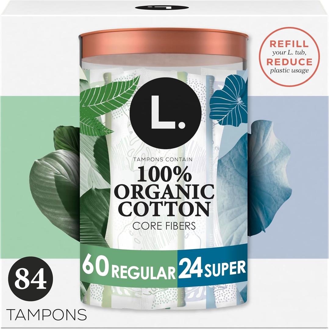 L. Cotton Tampons Regular/Super Absorbency Multipack, Contains an Organic Cotton Core, Made Without Synthetic Pesticides, or Fragrances, 84 Count (2 Packs of 42)