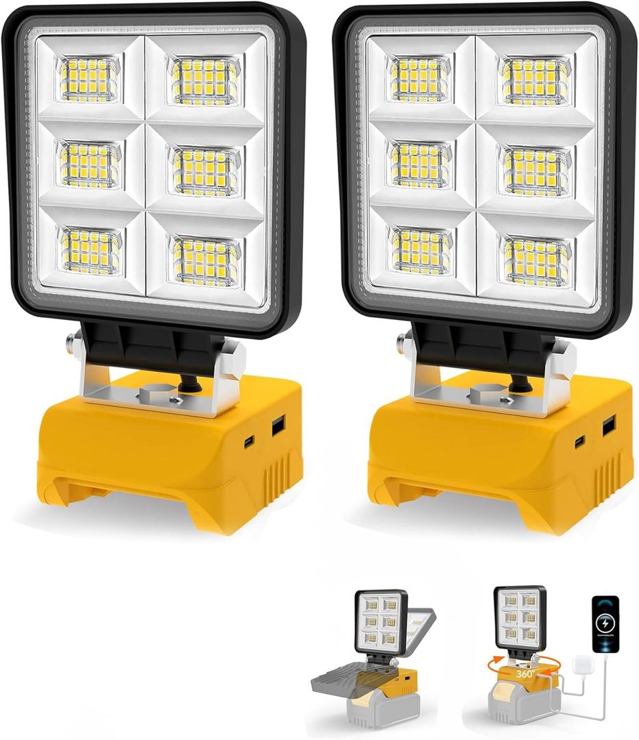 T-SUN Rechargeable LED Work Light, Portable Work Light Compatible with Dewalt 20V Battery, Cordless Flashlight Flood Light 52W 5200LM with USB &Type C Charger Port for Workshop, Garage Repair (2 Pack)