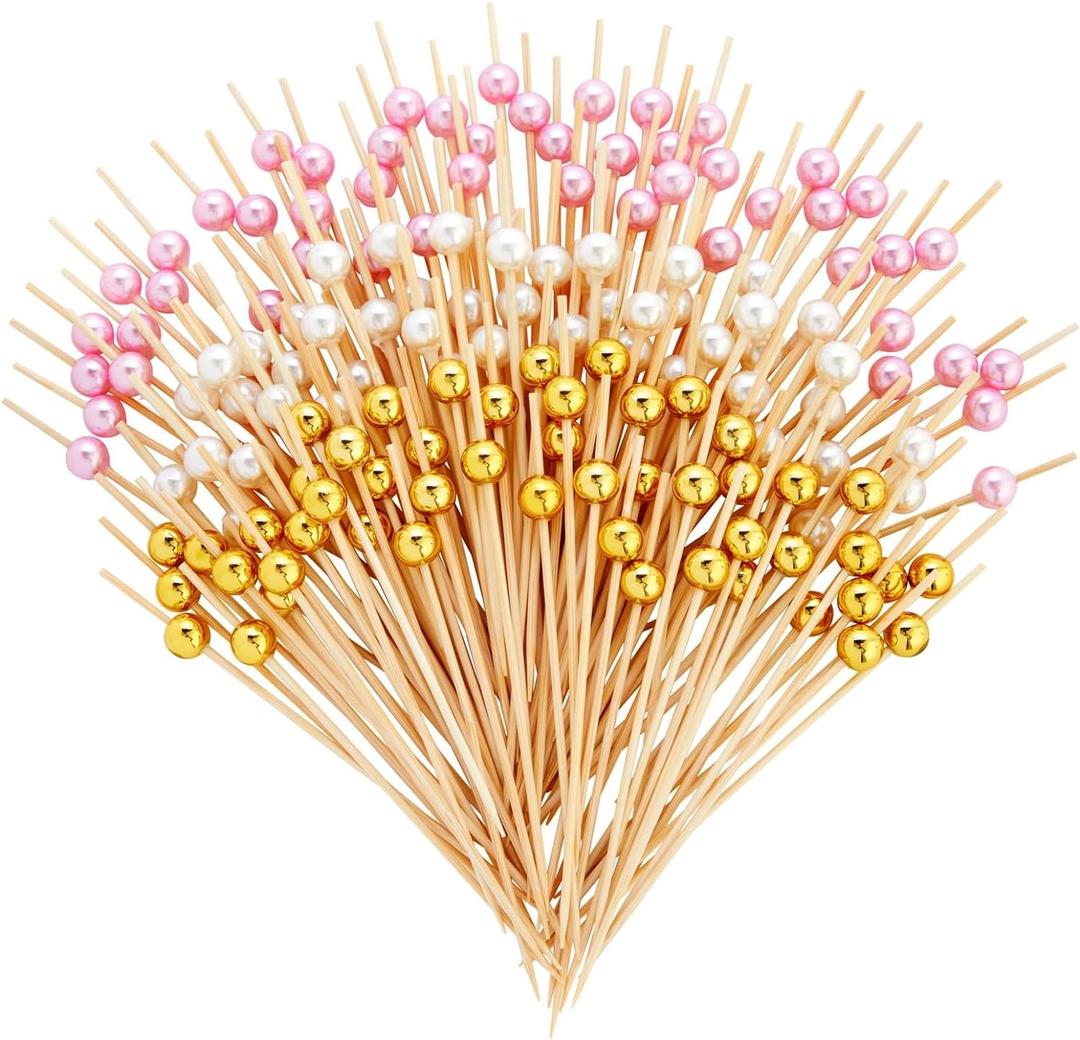 Okuna Outpost 150 Pack Bamboo Pearl Toothpicks for Food - Cocktail Picks for Fancy Appetizers and Party Decor - 4.7 Inch Decorative Food Picks - Toothpicks for Appetizers (White, Pink and Gold Pearl)