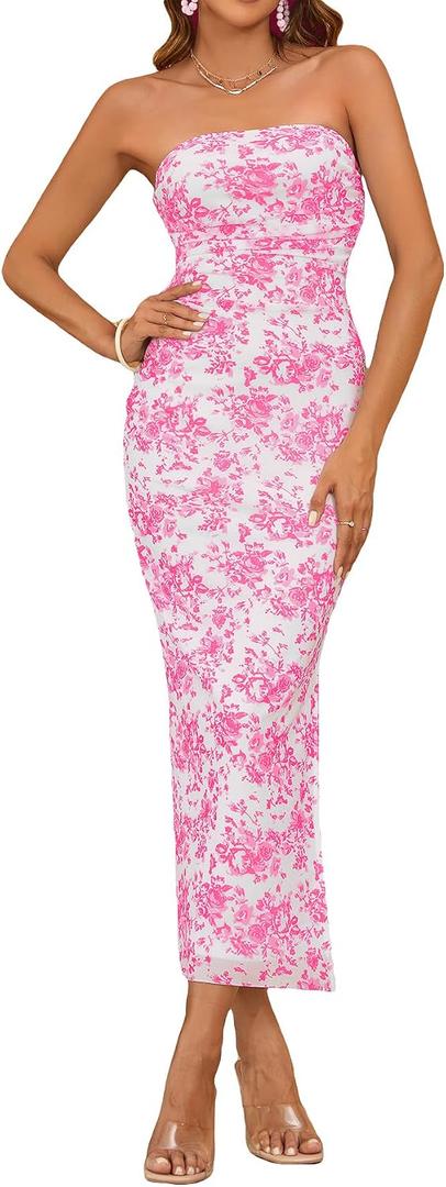 Milumia Women's 2026 Summer Floral Bodycon Maxi Dress Strapless Tube Top Long Dresses Wedding Guest Party, Pink Medium