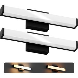 18 Inch Bathroom Vanity Light Fixtures with Night Light: Long Square Wall Mounted LED Lighting Bar Over Mirror with 5CCT & 2200K Color Changing, 120V, 780-900lm, ETL, Matte Black, 2 Packs