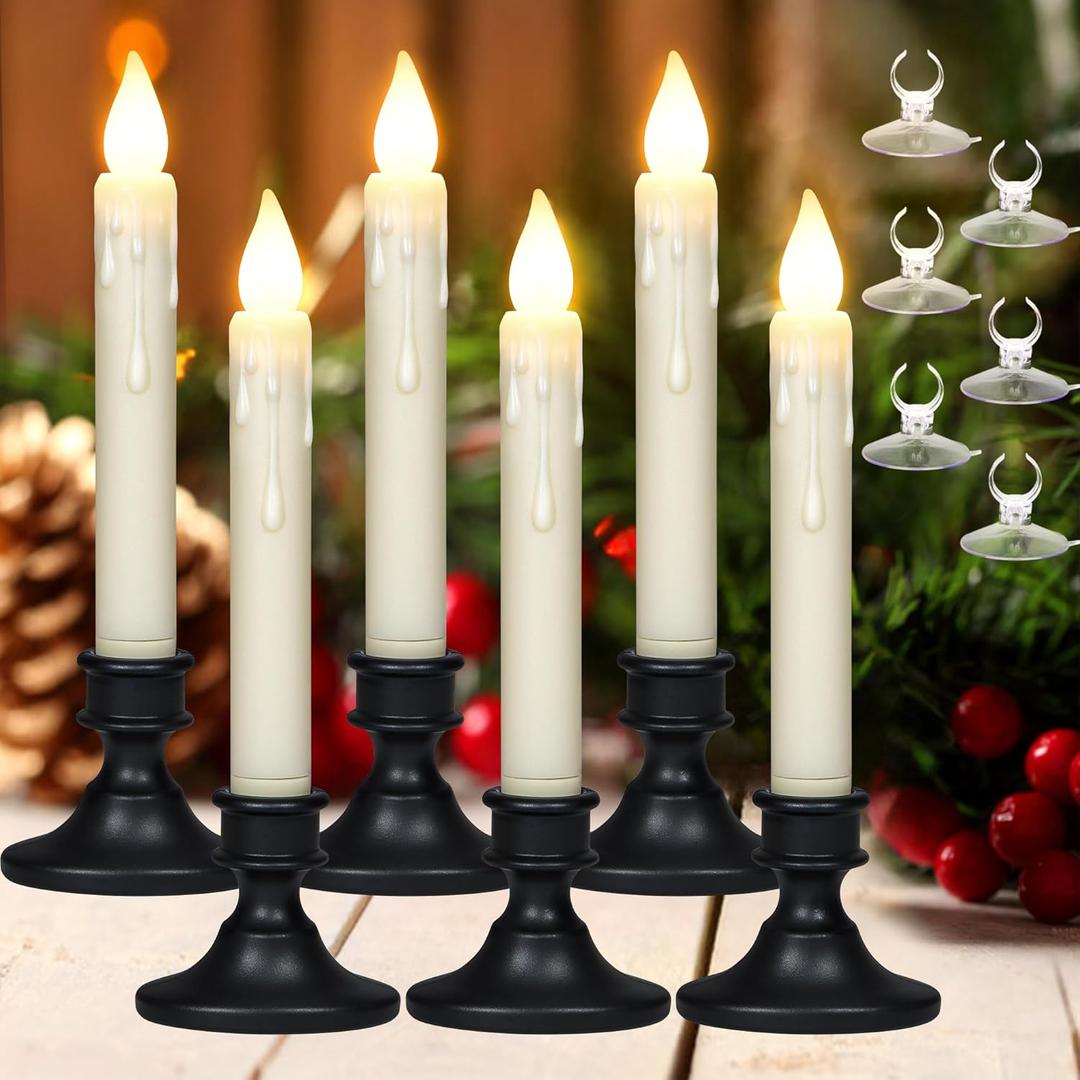 8.6Inches LED Window Candles Dusk to Dawn Light Sensor Timer, 6PCS Battery Operated Flameless Taper Candles with Drip Texture, Suction Cups and Removable Black Base, Christmas Home Decor