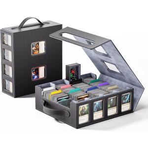 Trading Card Storage Box  3500+ Magnetic MTG Deck Box with Handle,Commander & Toploader Display, Dice Box,4 Dividers & 30 Color Labels  Fits for TCG,MTG,Yu-Gi-Oh and Sport cards (1-Black/Grey)