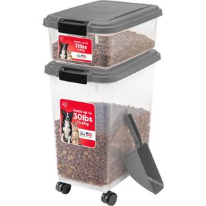 IRIS USA 30 lbs & 11 lbs Combo Airtight Dog Food Storage Container, Stackable Treat Box, 2-Cup Scoop, Wheels, Keep Fresh, Easy Mobility, Dark Gray, 3-Piece Set - 30 lbs + 11 lbs