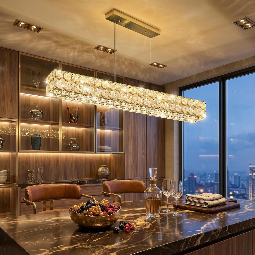 40'' Modern Crystal Chandelier for Dining Room Ceiling Light Fixture for Living Room Hallway Lighting LED Dimmable with Remote Gold, 40'' x 4.7'' Rectangle