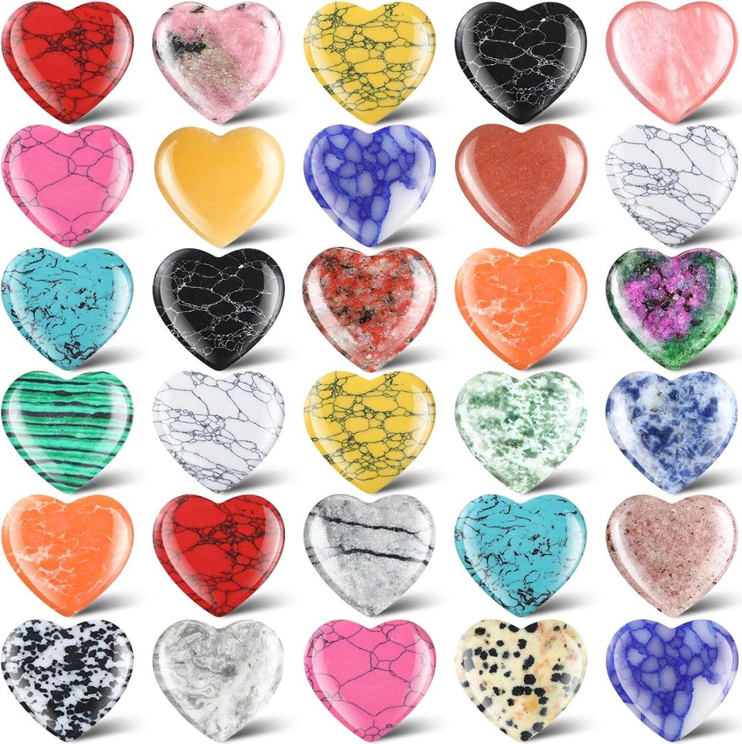 Nuenen 30 Pcs Heart Shape Crystals Bulk 1.57 Inch Gemstone Heart Stones Worry Stone Heart Rocks Quartz Love Pocket Palm Hearts Bulk for Valentines Day Gifts Stress Relief Gift (Fresh Color)