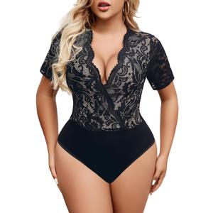 Avidlove Women Lace Bodysuit Lingerie Tops Sexy Deep V Bodysuit Tops One Piece Body Suit Short Sleeve S-XXXL (Large, Black-(with Lining))
