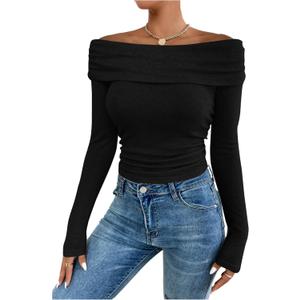 SOLY HUX Women's Off The Shoulder T Shirt Long Sleeve Ruched Fitted Tee Fall Going Out Tops (Large, Pure Black)