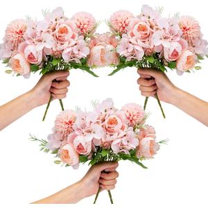 Artificial Flowers, 6 Packs Fake Peony Silk Hydrangea Bouquet Decor Plastic Carnations Daisy Realistic Flower Home Office Party Decor Arrangements Wedding Decoration Table Centerpieces Pink