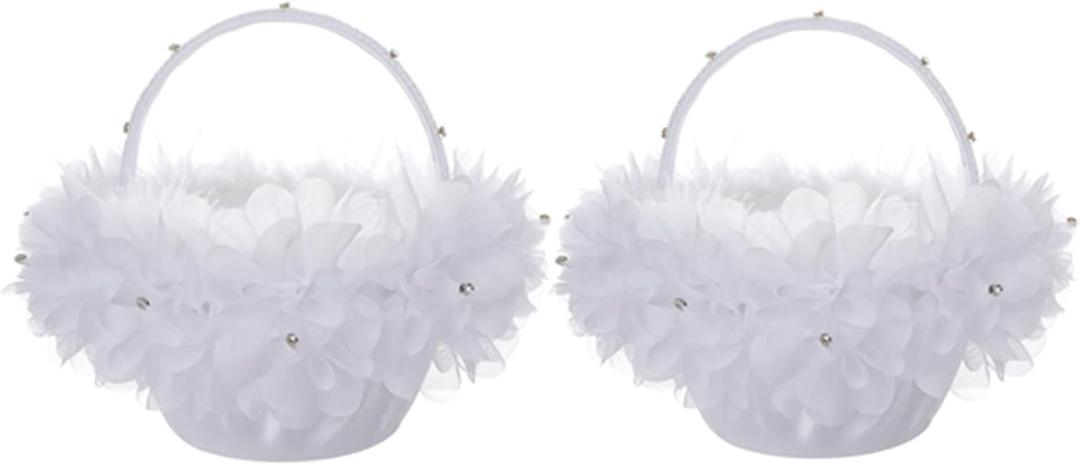2PC Flower Girl Baskets, White Satin Cloth Baskets with Faux Lace Flowers Decor for Wedding Ceremony Party Desktop Decor