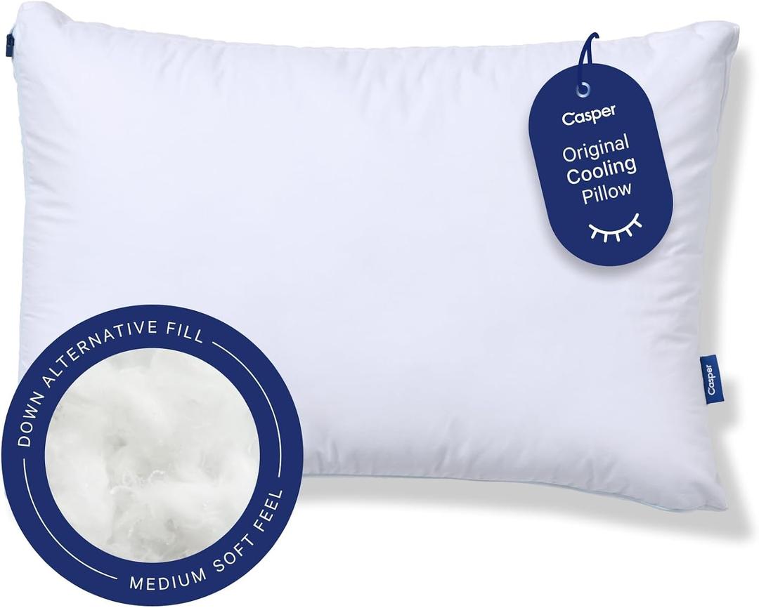 Casper Sleep Original Cooling Pillow, Standard Size Medium Soft Feel, Down-Alternative Fill, Supports Side, Back & Stomach Sleepers, Neck Pain Relief, Machine Washable