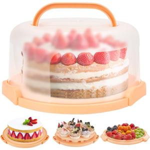 Ohuhu Cake Stand with Lid, Cake Carrier BPA-Free Cake Containers for 10 inch Cake with 2 Handles Cupcake Carrier - Plastic Cover Two Sided Base for Transport Pies Nuts Fruit Perfect Gifts (Peach)