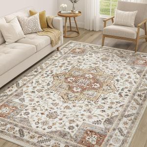Vintage Living Room Area Rug 6x9 - Large Soft Washable Oriental Traditional Distressed Farmhouse Rugs for Bedroom - Indoor Floor Accent Carpet for Home Office House Decor - Golden Taupe