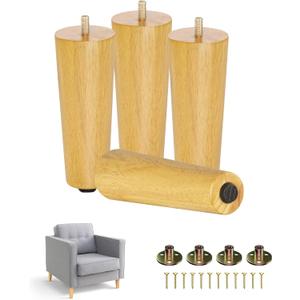 Yes4All 8 Inches Round Natural Solid Wood Furniture Legs Set of 4, Heavy Duty 800 Lbs Capacity Furniture Legs with Leveler, Replacement Legs for Furniture, Couch, Sofa, Dresser, Ottoman