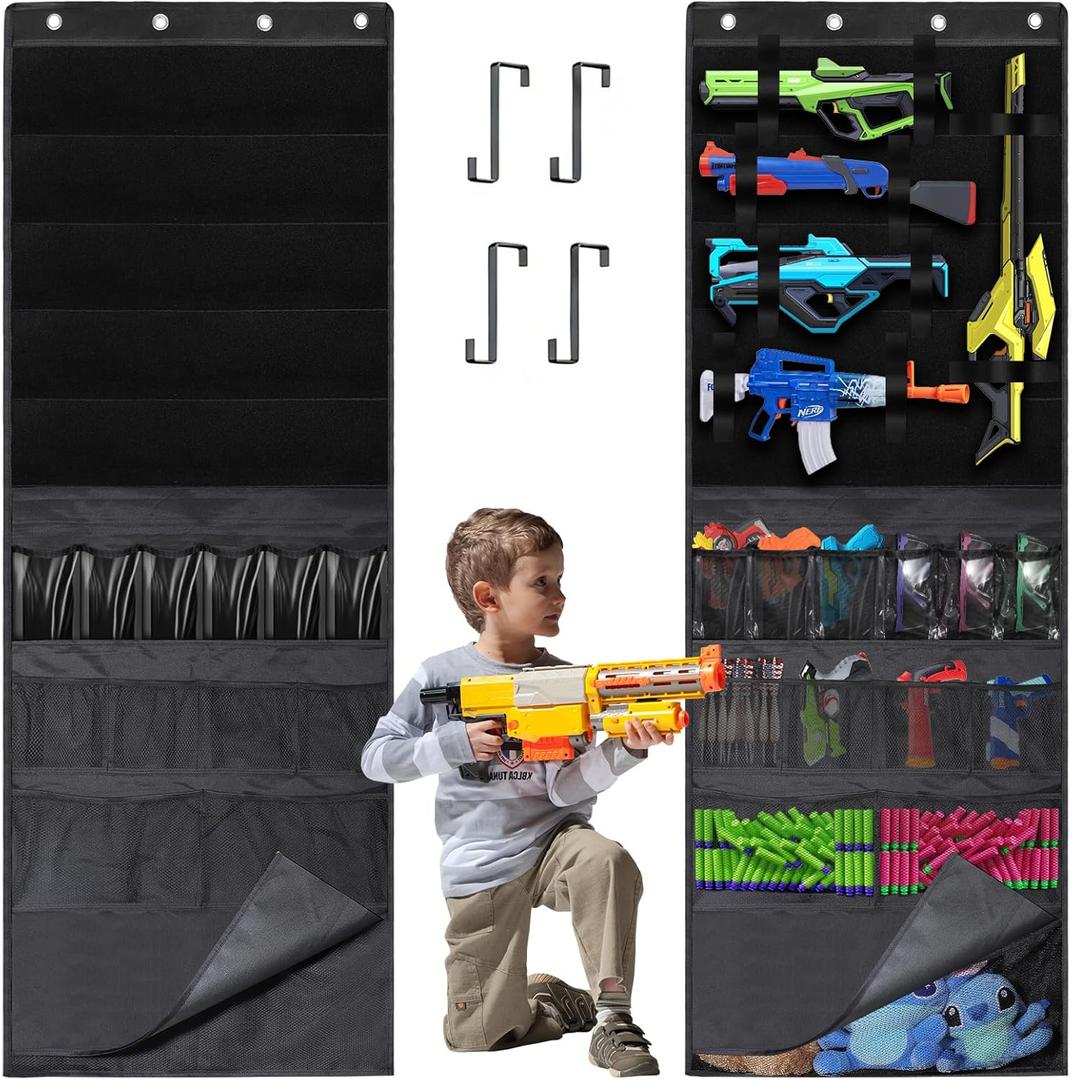 Over the Door Organizer for Toy Guns, Toys Storage Back of Door Hanging Organizer with Large Capacity Pockets and Adjustable Straps, for Kids Foam Blasters, Darts, Goggles and Toys Gun Accessories