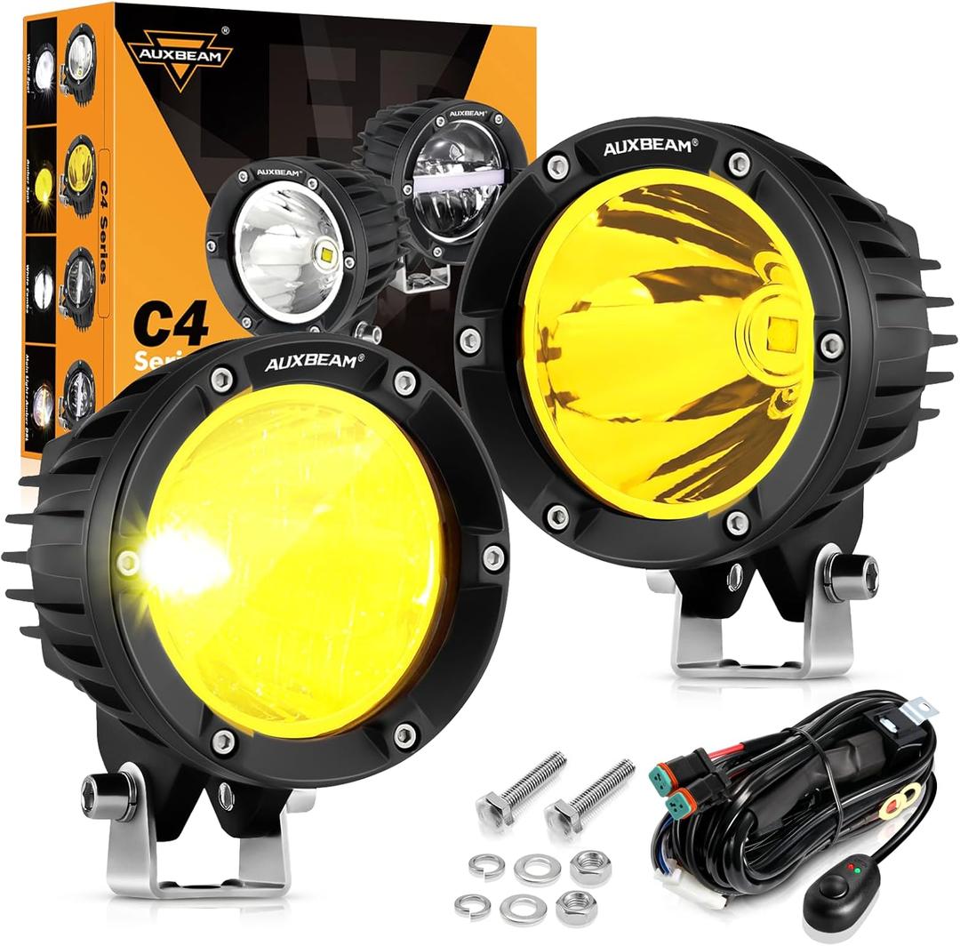 Auxbeam 4 Inch 72W Amber Fog Lights, 2PCS 7200LM LED Round Offroad Light Pods, Yellow Spot Beam Driving Off Road Work Light Bar with Wiring Harness Kit for Jeep Vehicle Pickup Trucks ATV UTV SUV