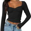 ForeFair Women's Sexy Long Sleeve Going Out Tops Pleated Bustier Shirt Cute Sweetheart Neck Y2K Cropped Top (Black) XS