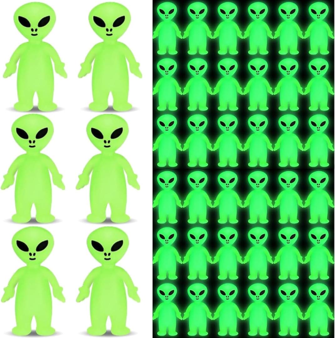 2 x CroBlissful Mini Alien Figures Glow in The Dark Small Little Tiny Aliens Figurine to Hide and Seek for Space Party Favor Prank Rubber Toys Bulk Gifts Goodie Bag Fillers Cake Topper (UFO, 60 Pcs)