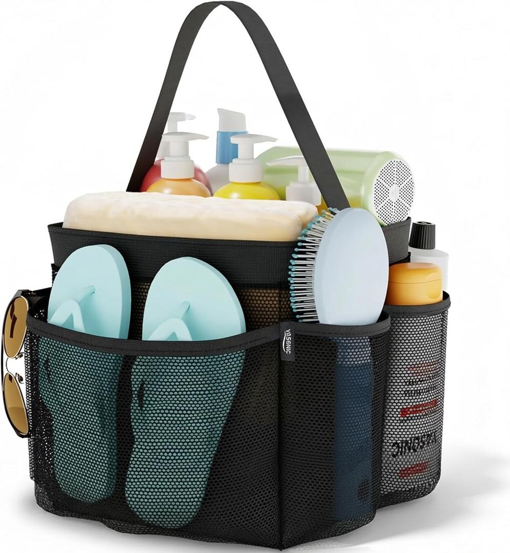 YASONIC Mesh Shower Caddy Portable for College Dorm Essentials Bag, 8 Pockets Hanging Basket for Girls, Boy, College Students (Black)