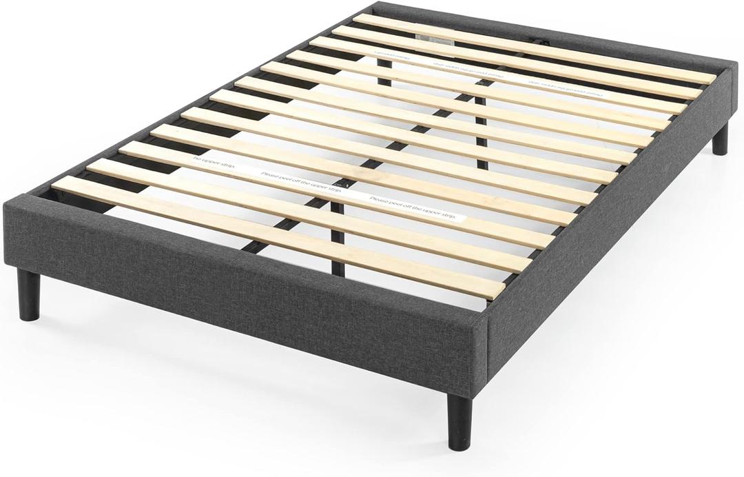 Zinus Curtis Upholstered Platform Bed Frame, Mattress Foundation, Wood Slat Support, No Box Spring Needed, Easy Assembly, Grey, Queen