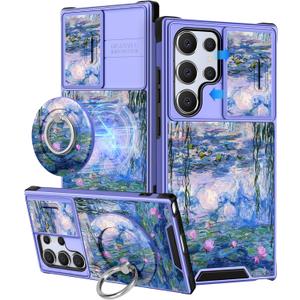 Buleens for Samsung Galaxy S25 Ultra Case - with Ring Stand & Camera Cover Aesthetic Cute Designed for Women Girls Girly Kawaii Blue Water Lily for Samsung S25 Ultra Phone Case Compatible with Magsafe