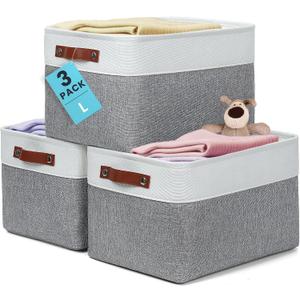OrganiHaus Large Fabric Storage Baskets for Shelves 3 Pack, 15x11in Closet Storage Bins, Canvas Storage Bin for Organizing, Cloth Baskets, Linen Closet Organizers, Gray/Off-White