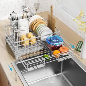 Dish Drying Rack - Expandable Rack, Large Capacity Dish Drainer for Kitchen Counter, Rust-Proof with Utensil Holder, Gray