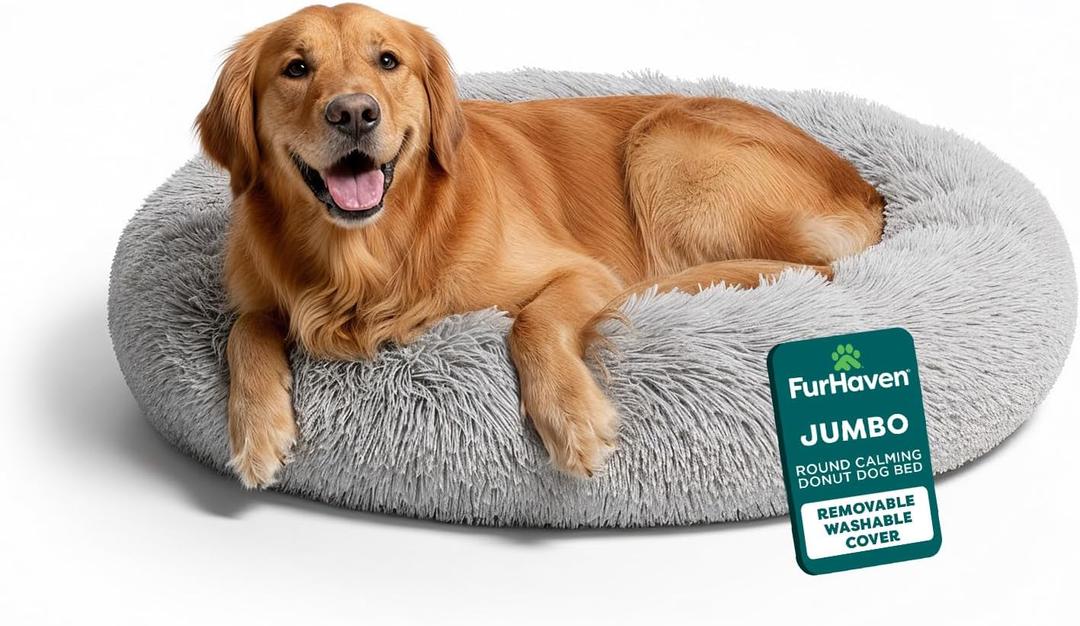 Furhaven 45" Round Calming Donut Dog Bed for Large Dogs, Refillable w/ Removable Washable Cover, For Dogs Up to 90 lbs - Shaggy Plush Long Faux Fur Donut Bed - Mist Gray, Jumbo/XL, 45.0"x45.0"x9.0"