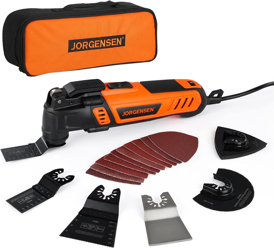 JORGENSEN Oscillating Tool 5Oscillation Angle, 4 Amp Oscillating Multi Tools Saw, 7 Variable Speed with 16-piece Electric Multitool Blades & Carrying Bag - 70800