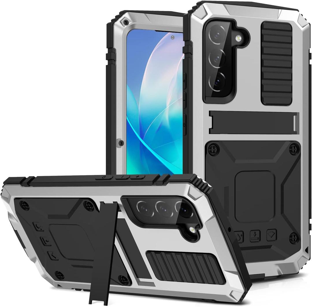 JGY Samsung S23 Metal Case with Kickstand Built-in Screen Protector Camera Glass Sturdy Military Aluminium Armor Durable Full Body Heavy Duty Shockproof Drop Tested Case for S23 (Silver)
