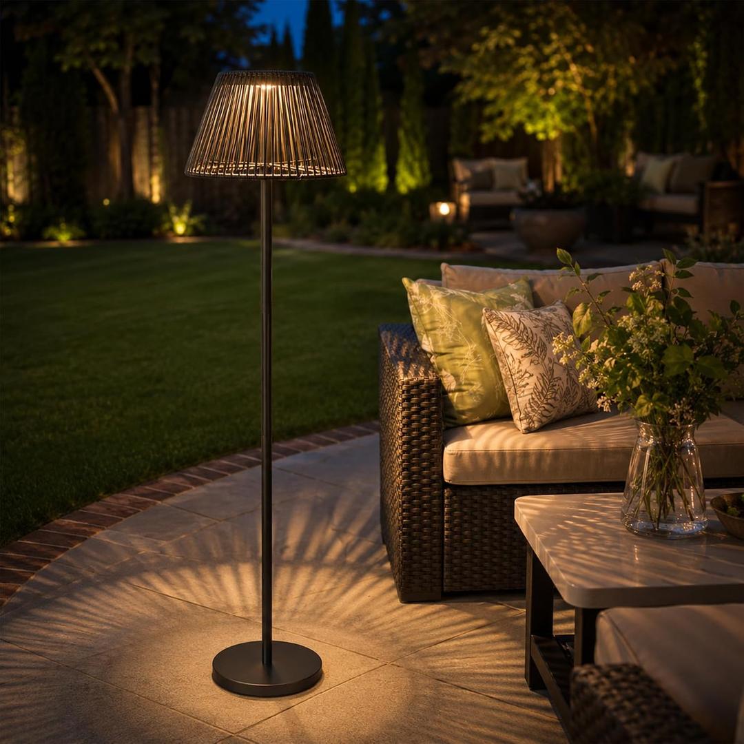 Design Accents Outdoor Floor Lamp, Solar Floor Lamp Outdoor Waterproof with 3CCT, Adjustable Height Metal Stand and Rattan-Style Shade, Rechargeable Outdoor Lamp for Patio, Garden, Backyard
