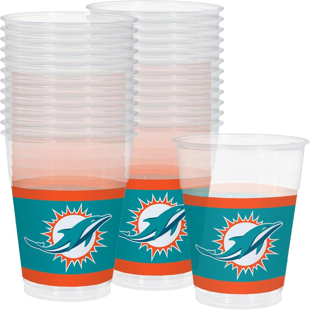 Clear Miami Dolphins Plastic Cups - 16 oz. (Pack of 25) - Perfect for Tailgating, Birthday & Game Day Celebrations