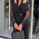 CHICME Women's 2 Piece Outfits Lace Spliced Long Sleeve Notched Collar Top and Casual Wide Leg Pants Set (Black, M)