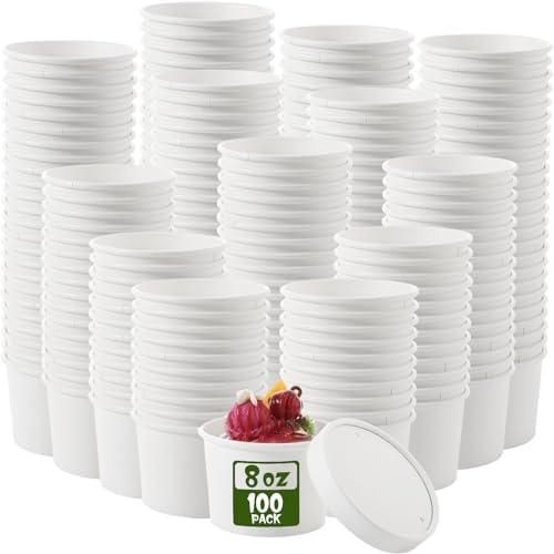 Fulmoon 100 Pack Paper Soup Containers with Lids Disposable Paper Food Containers with Vented Lids Kraft Ice Cream Bowls Soup Cup Ice Cream Cups for Restaurants(8 oz,White)