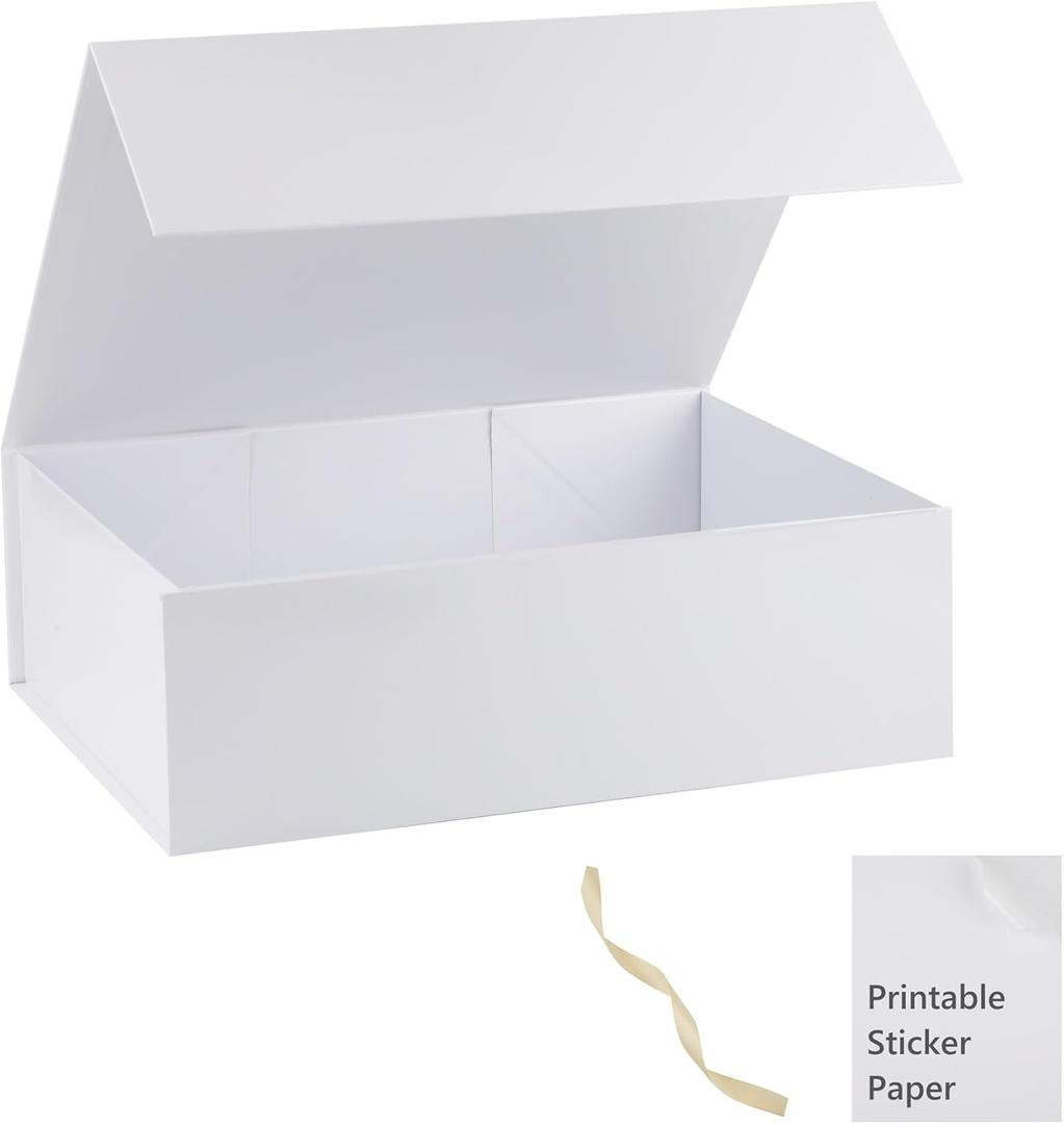 White Large Gift Box 16x14x5.3 With Lid, Ribbon, DIY Printable Sticker Paper - Magnetic Bridesmaid Proposal Box for Birthday, Wedding, Graduation Presents