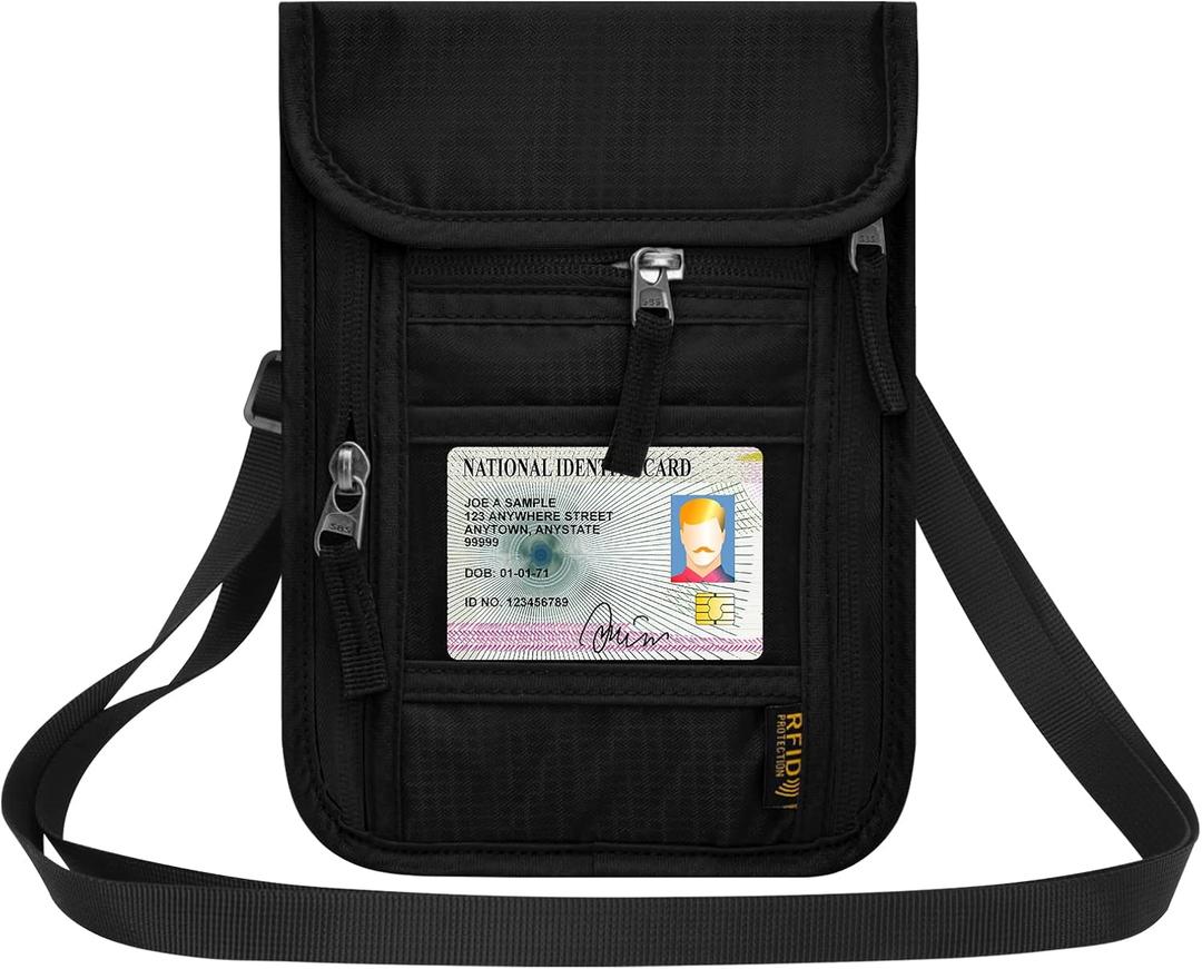 Neck Wallet for Travel,Passport Holder Neck Pouch for Men Women with Adjustable Neck Strap and RFID Blocking (Black)
