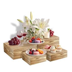 jubilander 4 Pcs Buffet Risers, Wood Food Riser Dessert Display Stand for Party Wood Cupcake Stands Nesting Box for Display (Lightly Burnt)