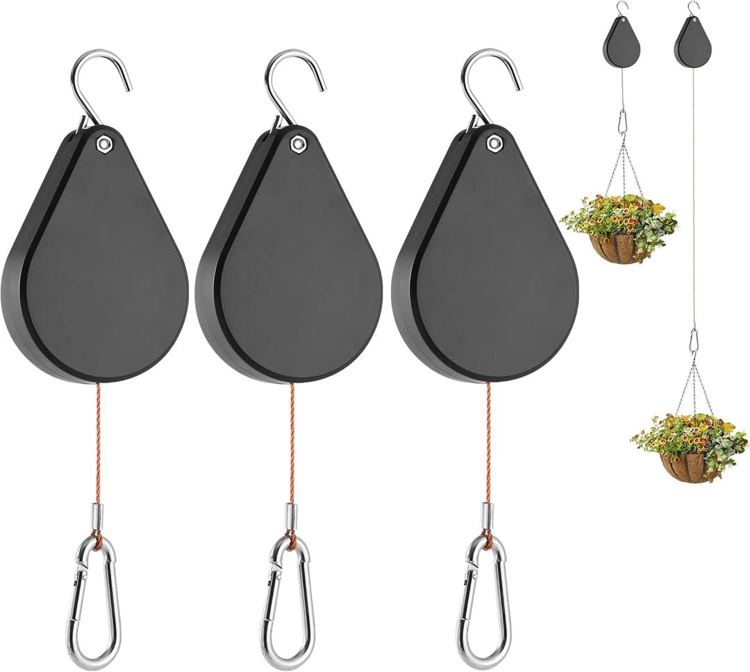 WROSWT Upgraded Retractable Plant Hanger,Plant Pulleys for Hanging Plants,Easy to Raise and Lower,Auto Lock,Heavy Duty, Adjustable Hook for Garden Baskets Pots,Birds Feeder,(3Pcs,Black)