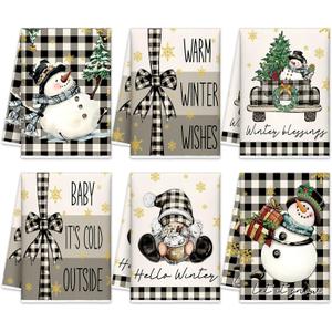 6 Pcs Winter Snowman Kitchen Towels Buffalo Plaid Gnome Dishtowels 21 x 14 Inch Absorbent Decorative Hello Winter Bathroom Hand Towel for Kitchen Bathroom Farmhouse Decor Gift (Elegant Colors)