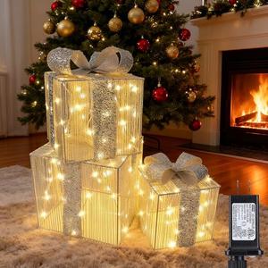 Lomotech Set of 3 Christmas Lighted Gift Boxes - Prel-Lit Gift Boxes with Timer, Lighted Christmas Presents for Xmas Tree, Yard, Holiday, Indoor Christmas Decorations(Silver Bow, Small)