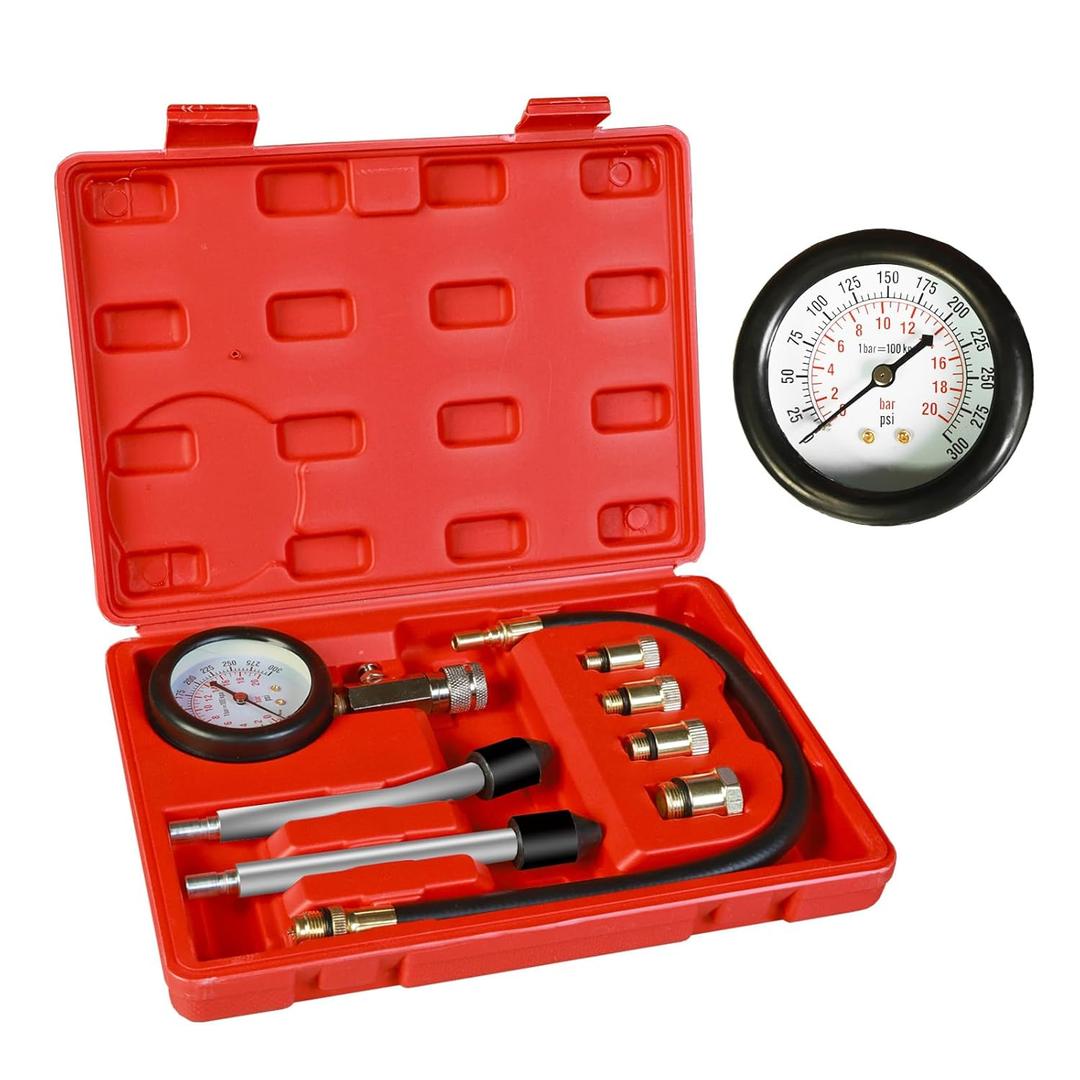 Compression Tester 8pcs Engine Cylinder Pressure Gauge Test Kit with Portable Storage Case, Range of 0-300 Psi, Fits for Universal Automotive Cars and Motorcycles Compression Tester 8pcs Engine Cylinder Pressure Gauge Test Kit with Portable Storage Case, Range of 0-300 Psi, Fits for Universal Automotive Cars and Motorcycles