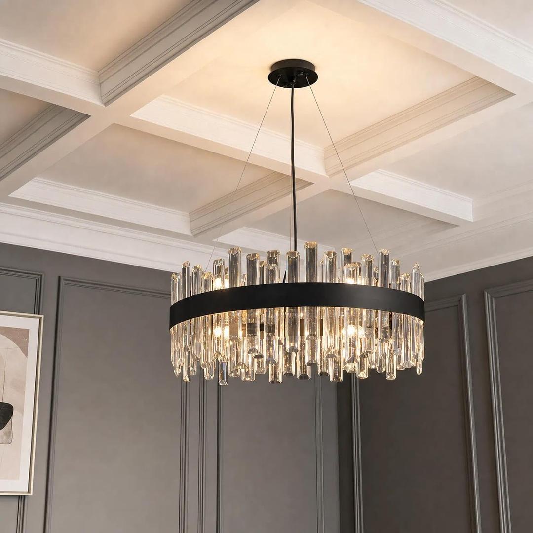 Modern Crystal Chandelier 23.6" Luxury Round 2-Tiers Raindrop Chandeliers Black Oval Chandelier Light Fixture for Dining Living Room Entryway
