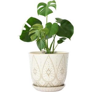 Gepege 10 Inch Plant Pot, Creamy White Ceramic Planter with Drainage Holes and Saucers for Plants Indoor and Outdoor Flower Pot
