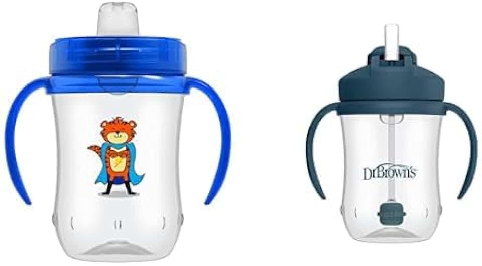 Dr. Brown's Milestones Soft Spout Sippy Cup Handles Blue - 9oz 9m+ & Baby’s First Straw Cup, Training Weighted Straw, Dark Blue, 6m+ 9m+